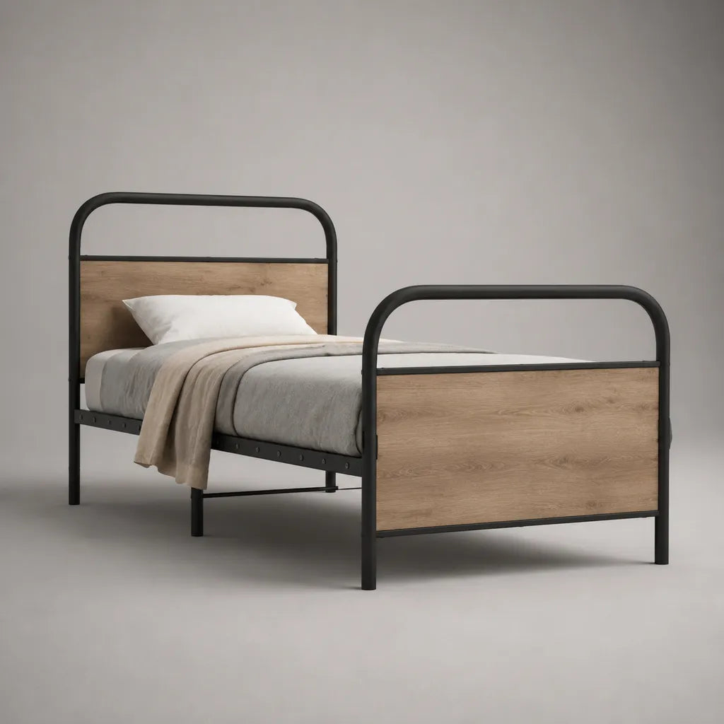 Metallbett Einzelbett 90 × 200 cm aus Stahl und Spanplatte, Schwarz/Eiche Natur, 208 × 96 × 110 cm