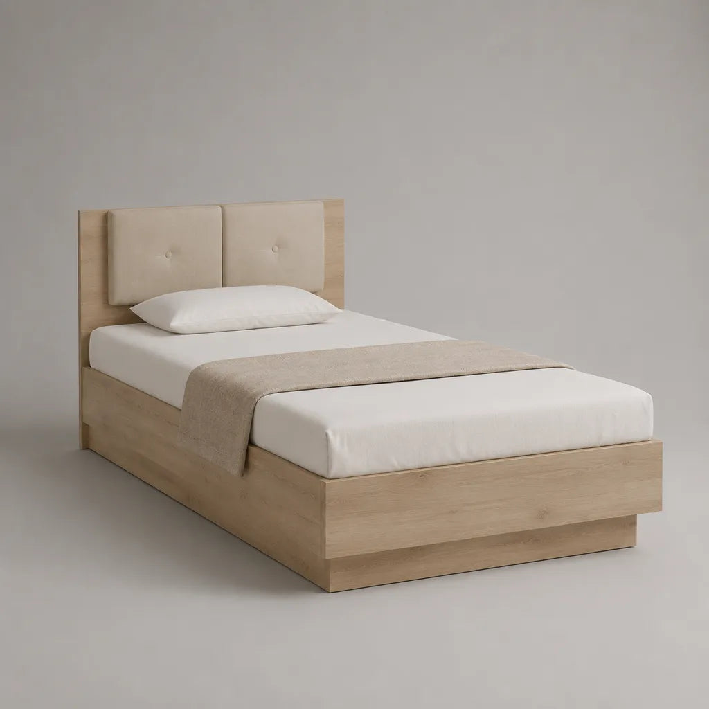 Einzelbett aus Spanplatte mit gepolstertem Kopfteil, Eiche hell/Beige, Liegefläche 90 × 200 cm