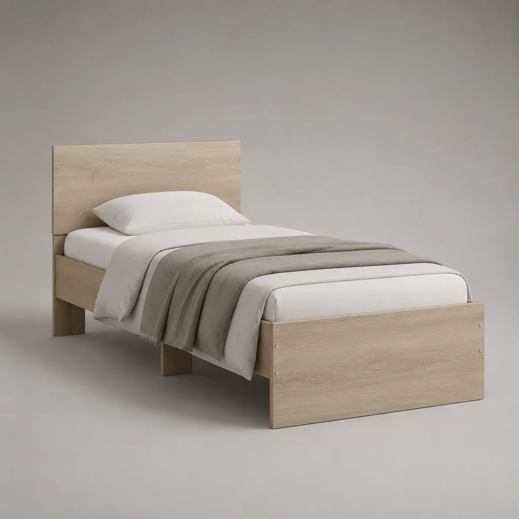 Einzelbettgestell 90 × 200 cm aus melaminbeschichteter Spanplatte, Hellbraun/Beige in Eichenoptik, 205 × 95 × 90 cm