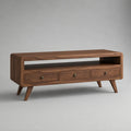 TV-Lowboard aus massivem Akazienholz, Walnussbraun, 140 × 40 × 60 cm, mit 3 Schubladen und offenem Gerätefach