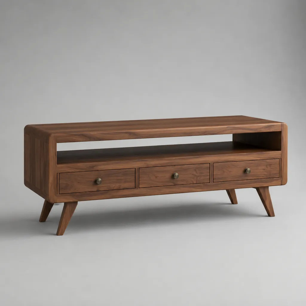 TV-Lowboard aus massivem Akazienholz, Walnussbraun, 140 × 40 × 60 cm, mit 3 Schubladen und offenem Gerätefach