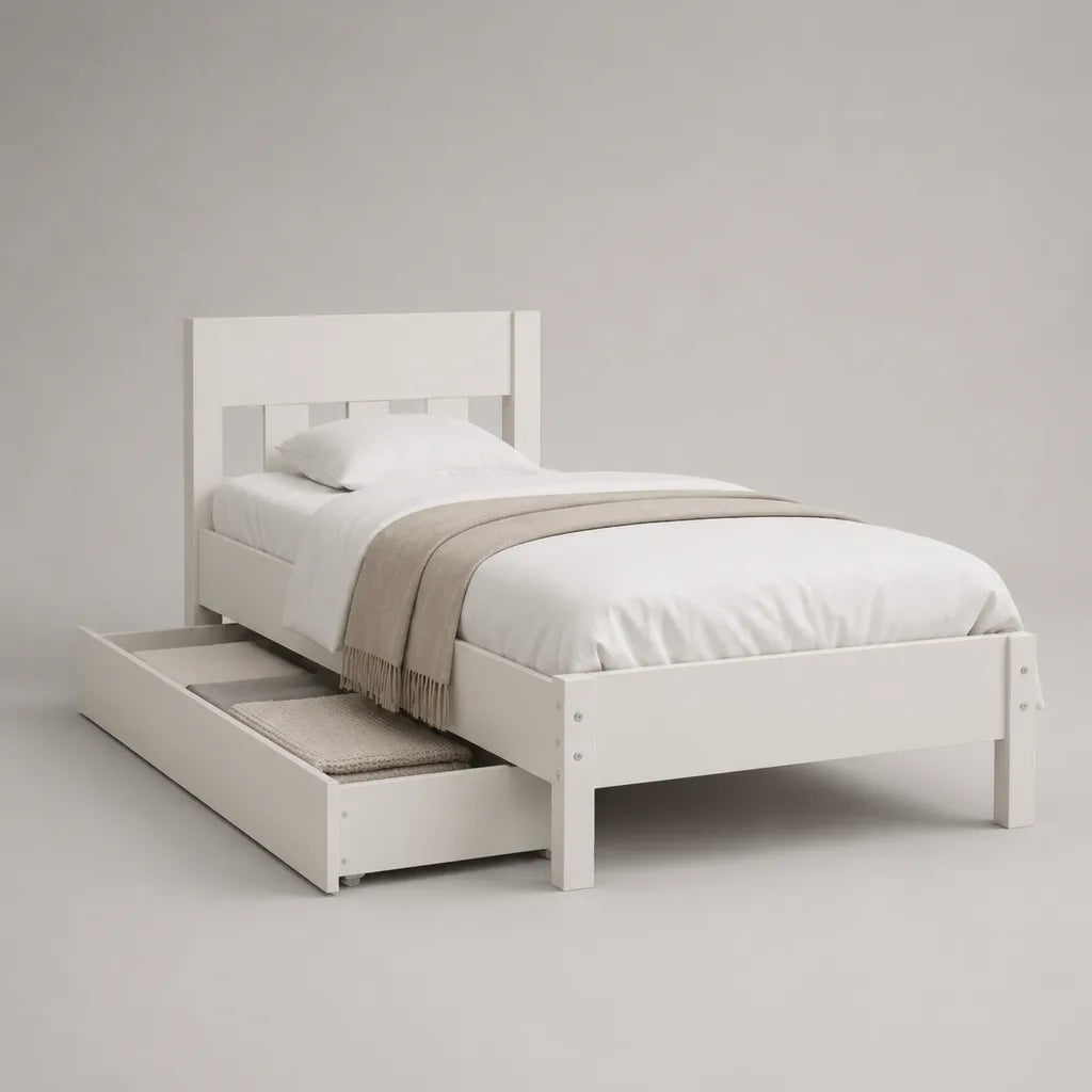 Einzelbett mit Unterbettschublade, Bettgestell aus massivem Kiefernholz und MDF, Weiß, Liegefläche 90 × 200 cm