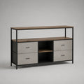 Fernsehschrank mit Aufsatzregal und 4 Schubladen aus Spanplatte, Polyester und Stahl, Walnussbraun/Hellgrau/Schwarz, 140 × 40 × 100 cm