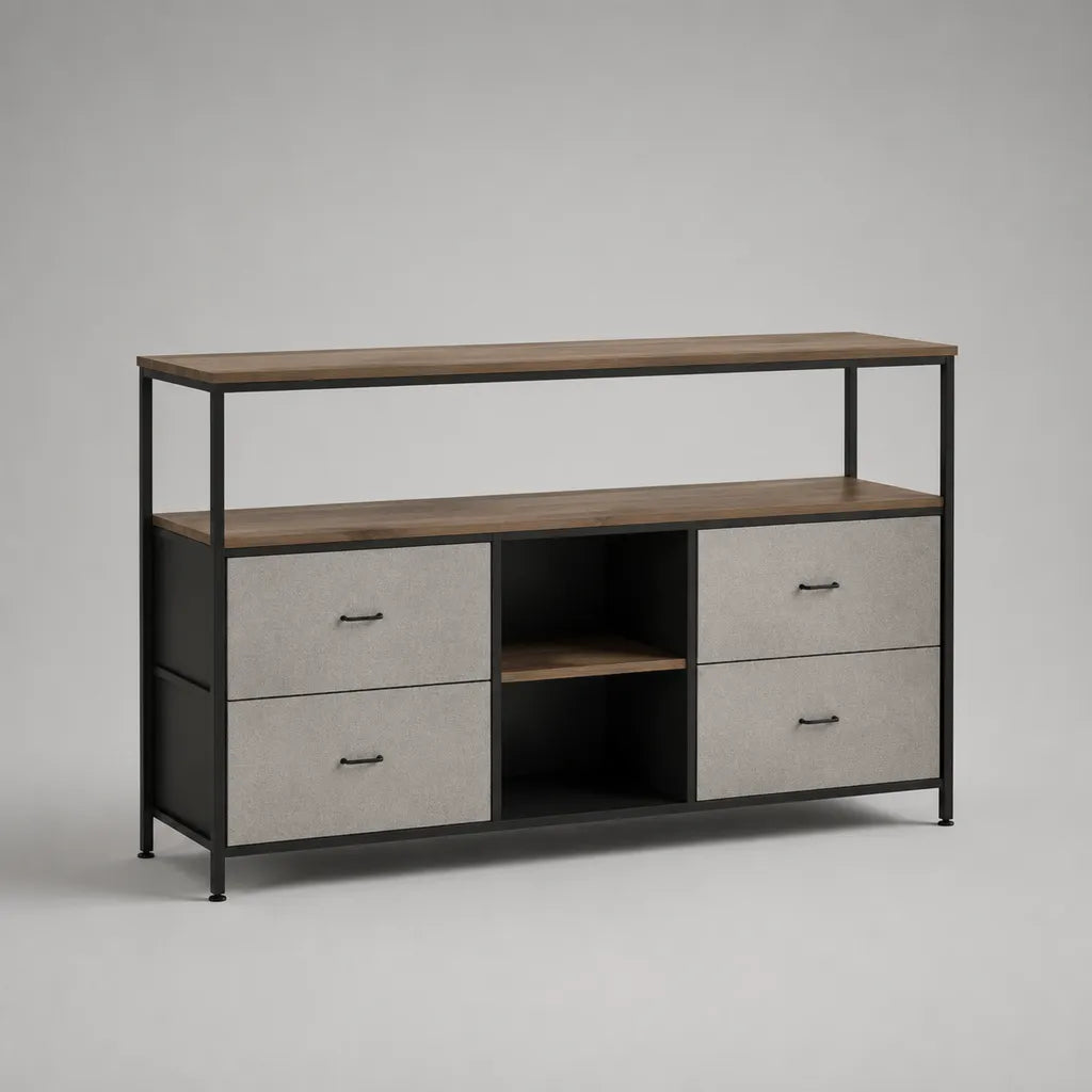 Fernsehschrank mit Aufsatzregal und 4 Schubladen aus Spanplatte, Polyester und Stahl, Walnussbraun/Hellgrau/Schwarz, 140 × 40 × 100 cm