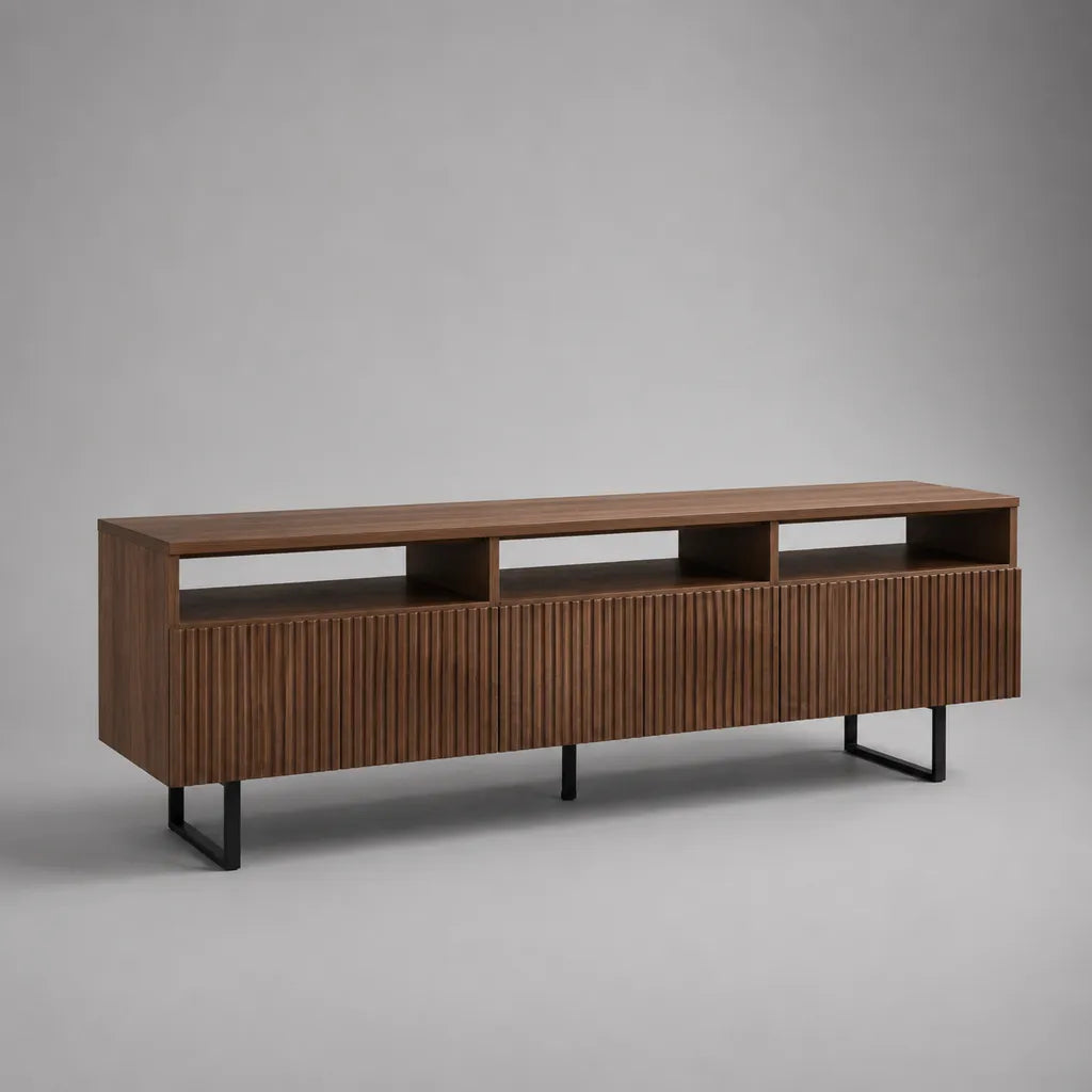 TV-Lowboard aus MDF mit Walnussfurnier, geriffelter Front, Walnussbraun und Schwarz, 180 × 40 × 70 cm