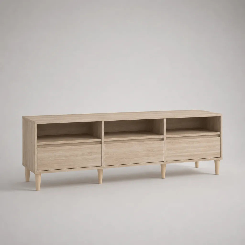 TV-Lowboard aus melaminbeschichteter Spanplatte mit 3 Schubladen und 3 offenen Fächern, Eiche Natur, 180 × 40 × 60 cm