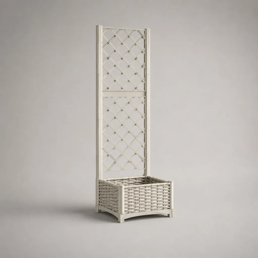 Quadratischer Pflanzkasten mit Rankgitter aus PE-Rattan, Weiß, 40 × 40 × 142 cm