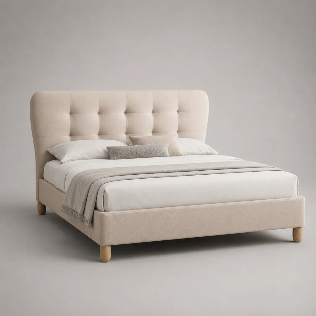 Polsterbett 160 × 200 cm mit gestepptem Kopfteil und Polyesterbezug, Beige und Natur