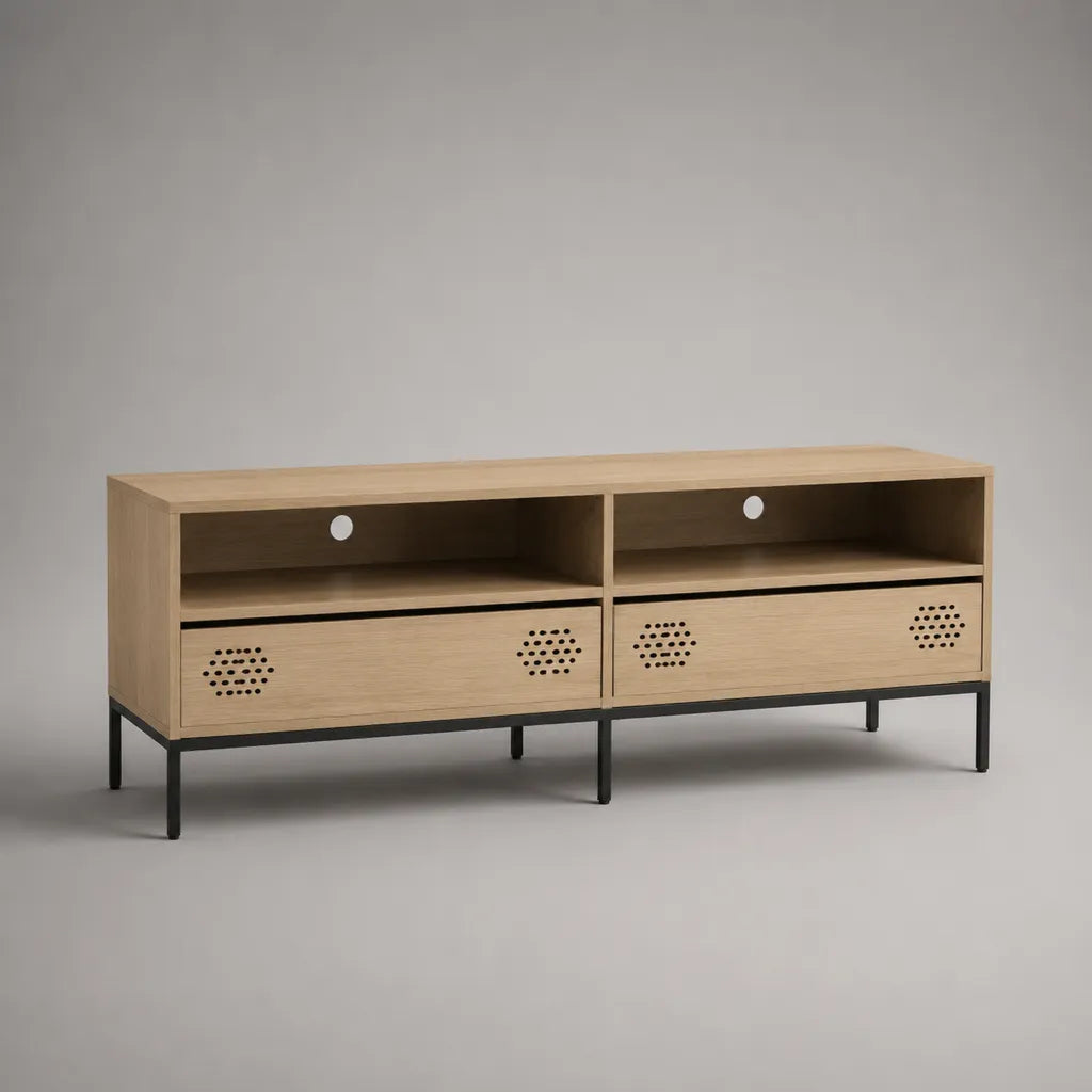 TV-Lowboard aus MDF und Stahl mit 4 Fächern und Kabeldurchführungen, Eiche Natur/Schwarz, 140 × 40 × 60 cm