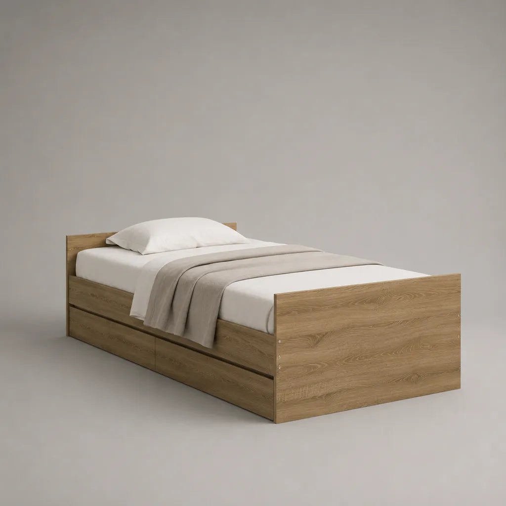 Stauraumbett Einzelbett 90 × 200 cm aus Spanplatte mit 2 Schubladen, Eiche Natur