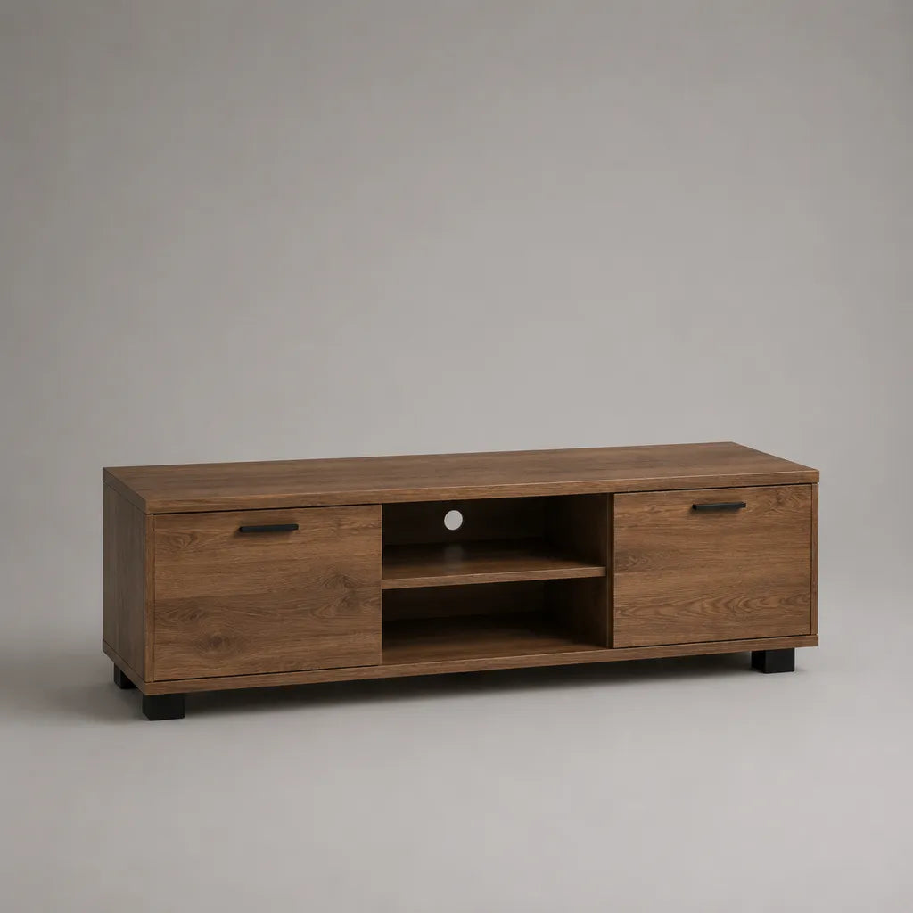 TV-Lowboard aus Holz mit 2 Türen und 2 offenen Fächern, rechteckig, Braun/Schwarz, 140 × 40 × 55 cm