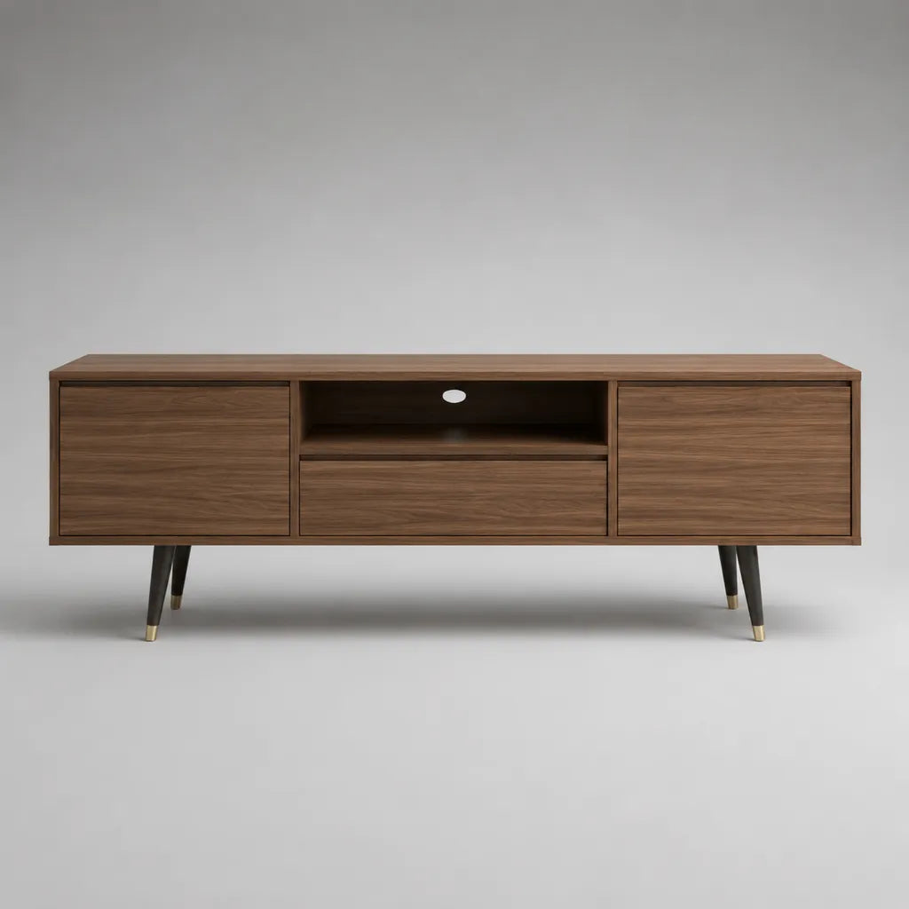TV-Lowboard aus Holz mit 2 Türen, Schublade und offenem Fach, Nussbraun/Schwarz/Messingfarben, 160 × 40 × 60 cm