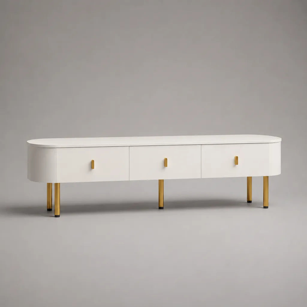 TV-Lowboard aus lackiertem MDF und Stahl mit 3 Schubladen, abgerundet, Weiß/Gold, 180 × 40 × 55 cm