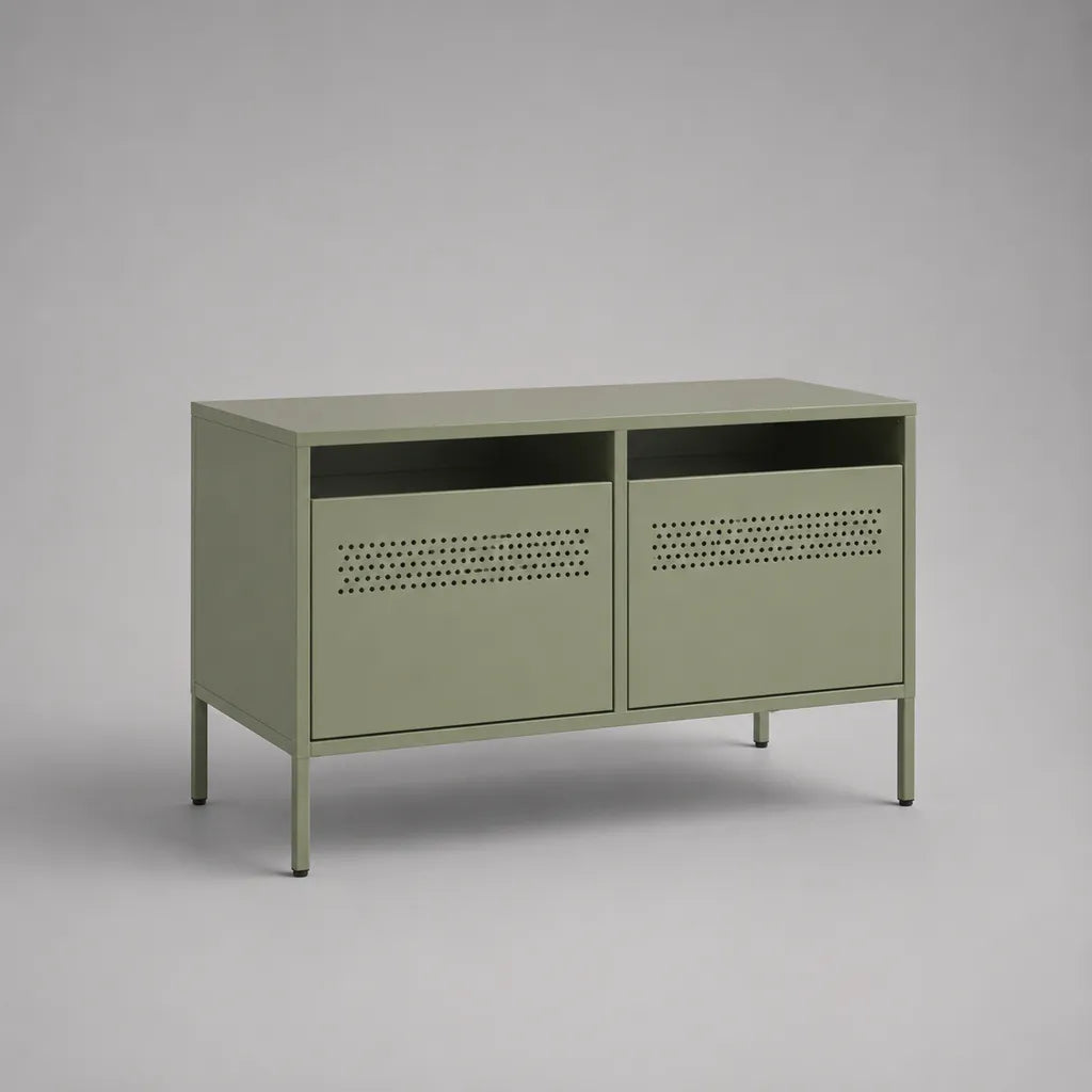 TV-Schrank aus pulverbeschichtetem Stahl mit 2 Klapptüren, Olivgrün, 100 × 40 × 75 cm