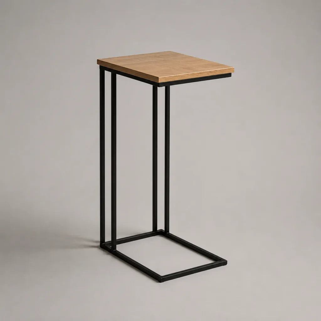 Rechteckiger C-förmiger Beistelltisch aus Stahl und MDF, Braun in Eichenoptik und Schwarz, 40 × 55 × 65 cm