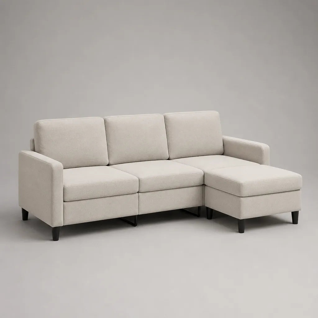 Ecksofa mit Ottomane rechts, 3-Sitzer, 2-teilig, Polyesterbezug, L-Form, Beige, 218 × 145 × 86 cm