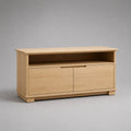 TV-Lowboard aus MDF und Spanplatte mit Eichenfurnier, 2 Türen und offenem Fach, Eiche Natur, 120 × 40 × 65 cm