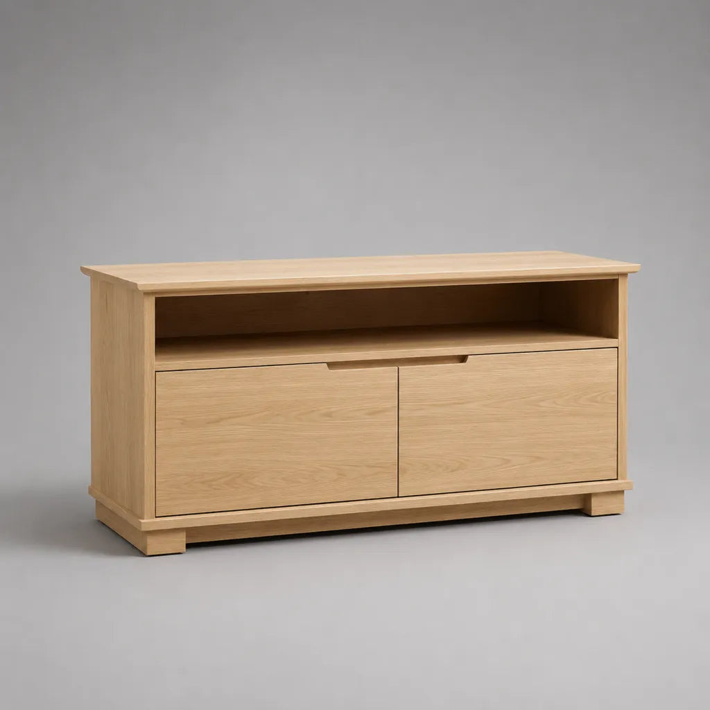 TV-Lowboard aus MDF und Spanplatte mit Eichenfurnier, 2 Türen und offenem Fach, Eiche Natur, 120 × 40 × 65 cm