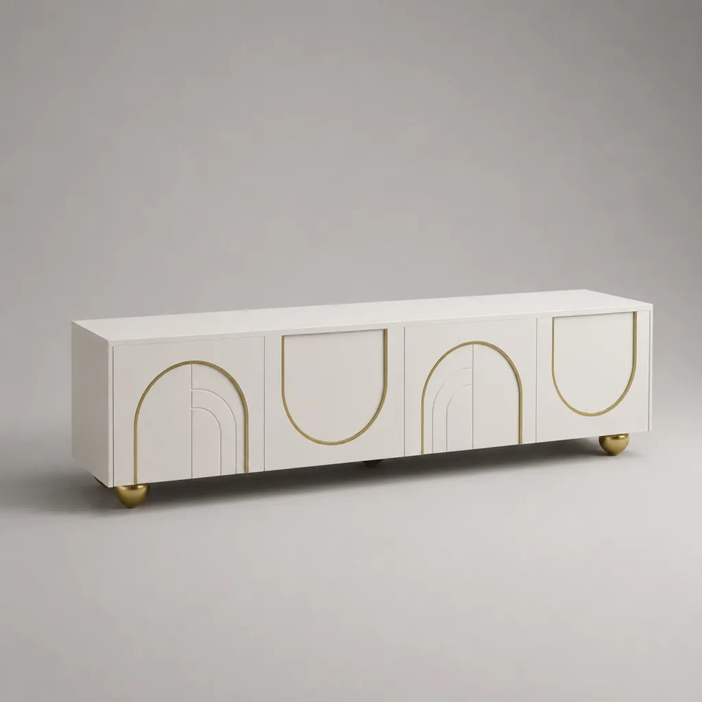 TV-Lowboard aus MDF und Stahl mit 4 Türen, Weiß/Gold, 200 × 40 × 55 cm