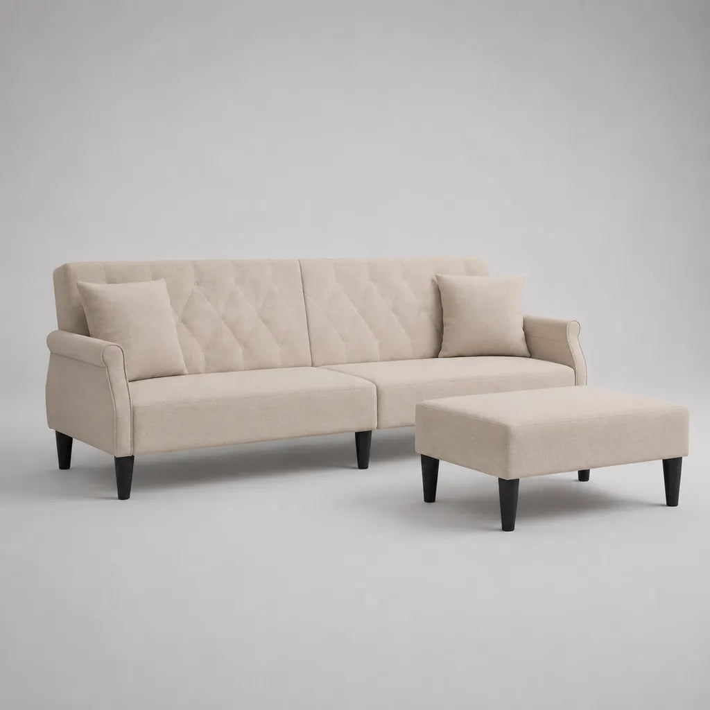 4-teilige 3-Sitzer-Sofagarnitur aus Stoff in Beige mit Hocker und 2 Kissen, Sofa 200 × 82 × 86 cm, Hocker 90 × 60 × 42 cm