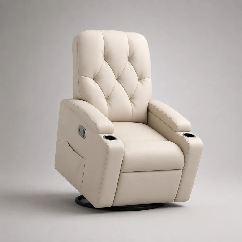Fernseh- und Relaxsessel aus PU-Leder, Creme/Schwarz, manuelle Liegefunktion, 360° drehbar, 89 × 95 × 105 cm