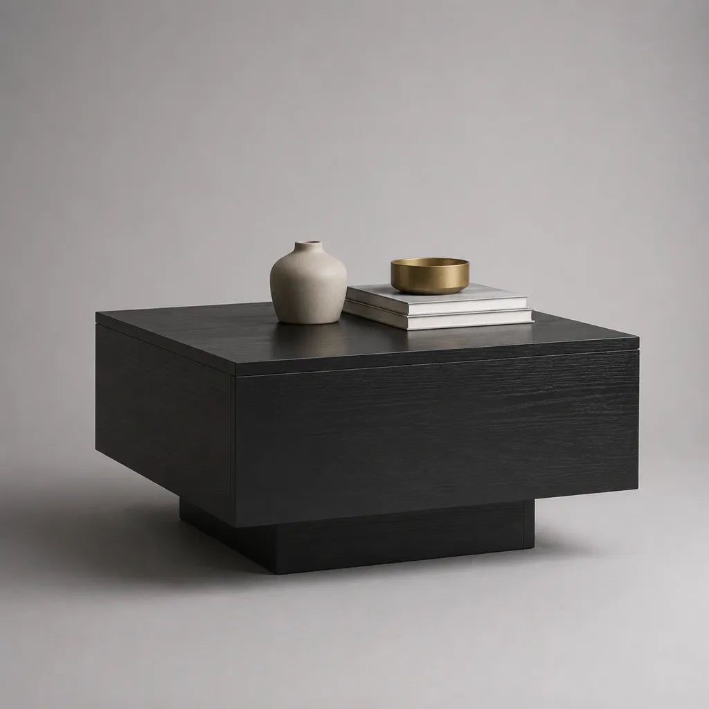 Quadratischer Couchtisch aus MDF mit schwarzem Eichedekor, 80 × 80 × 40 cm