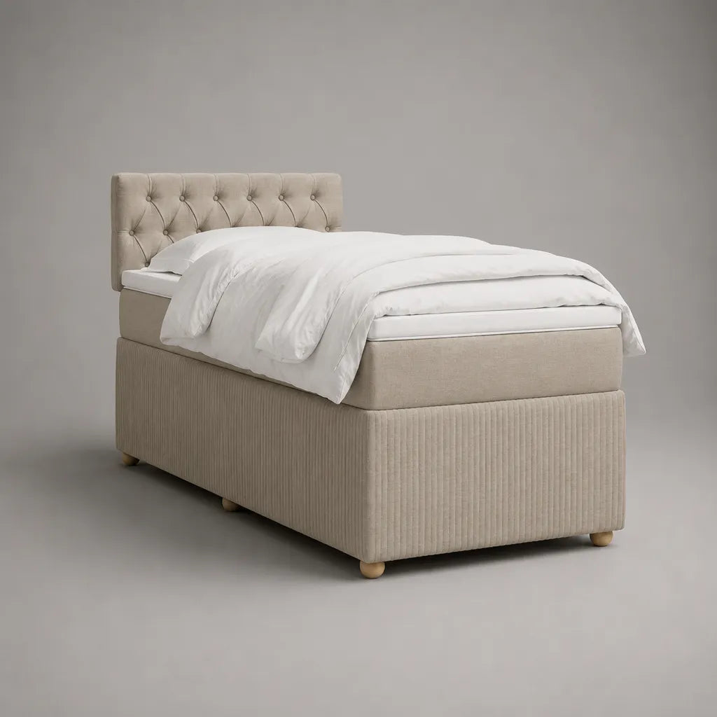 Polsterbett Einzelbett 90 x 200 cm mit Matratze und Topper, Polyesterbezug, Beige