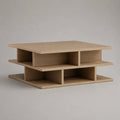 Quadratischer Couchtisch mit offenen Ablagefächern aus melaminbeschichteter Spanplatte, Eiche natur, 100 × 100 × 45 cm