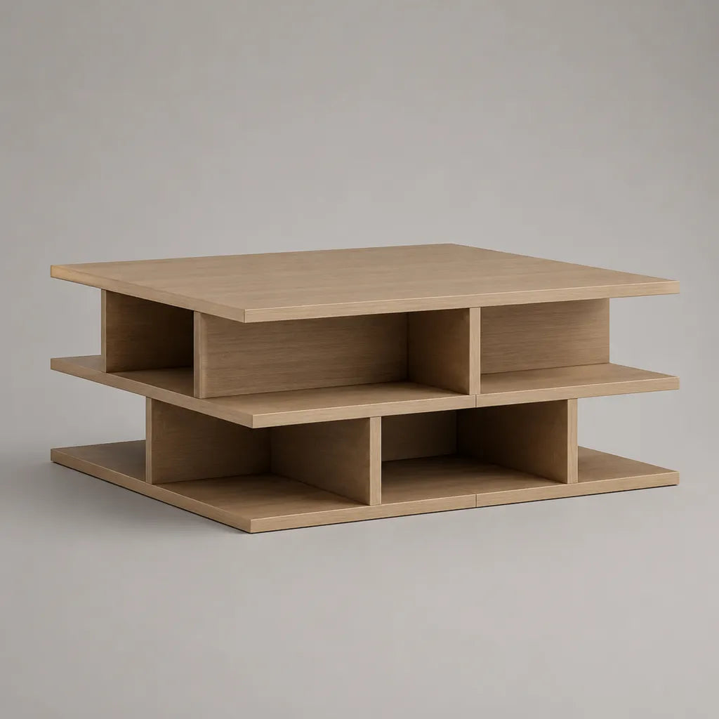 Quadratischer Couchtisch mit offenen Ablagefächern aus melaminbeschichteter Spanplatte, Eiche natur, 100 × 100 × 45 cm